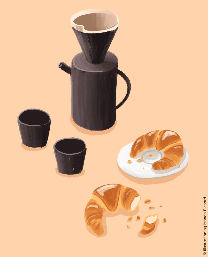 Food illustration, croissants, pain au chocolat, café, breakfast