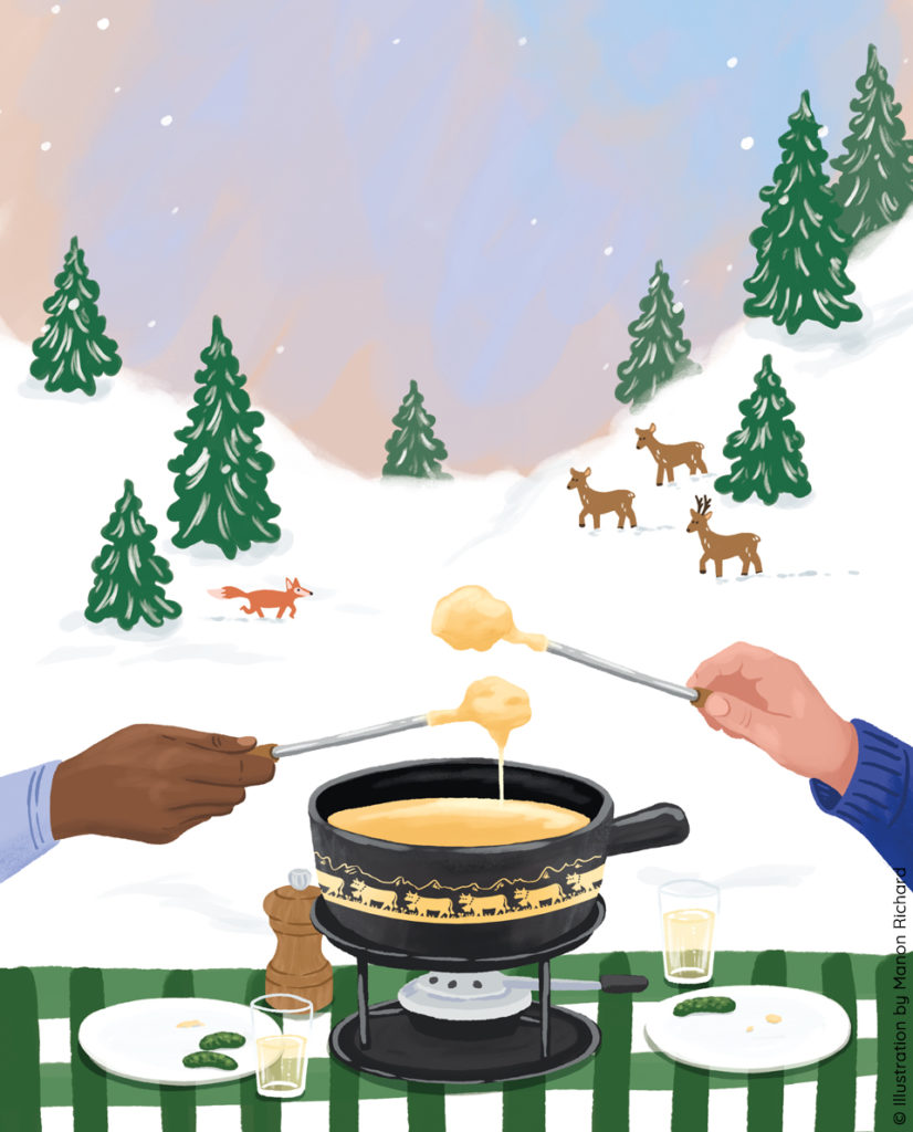 Fondue in the Swiss Alps, food illustration