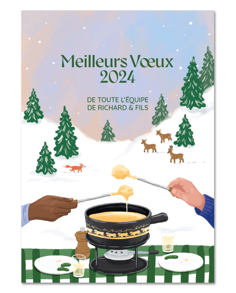 Fondue in the Swiss Alps, food illustration