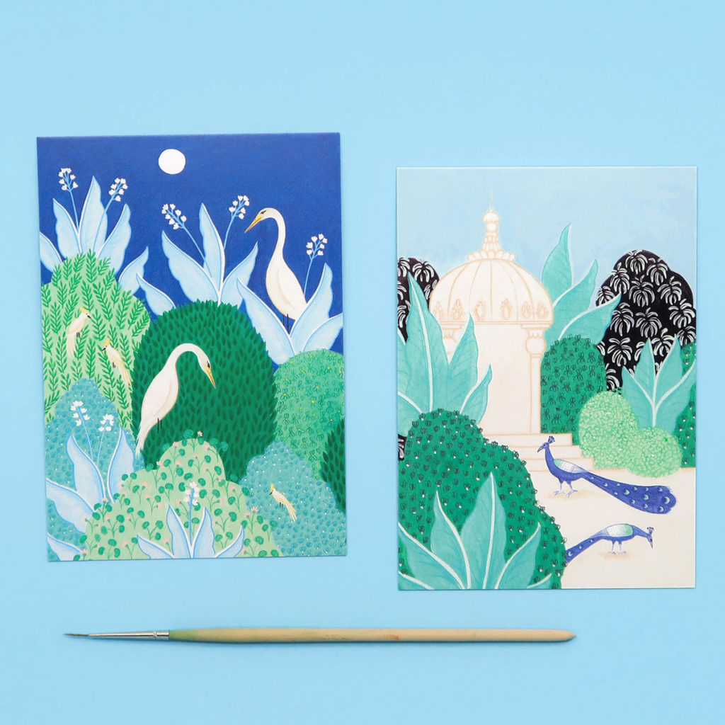 Birds in a Jungle by night. Greetings card postcard, Indian Miniature Painting, Gouache, illustration by Manon Richard.