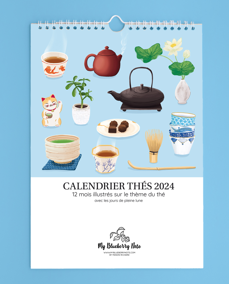Calendar Tea illustration Japanese and Chinese teas. Sencha, Keemun, Black tea, Green tea, Oolong. Teaware, Teacup, Teapot.