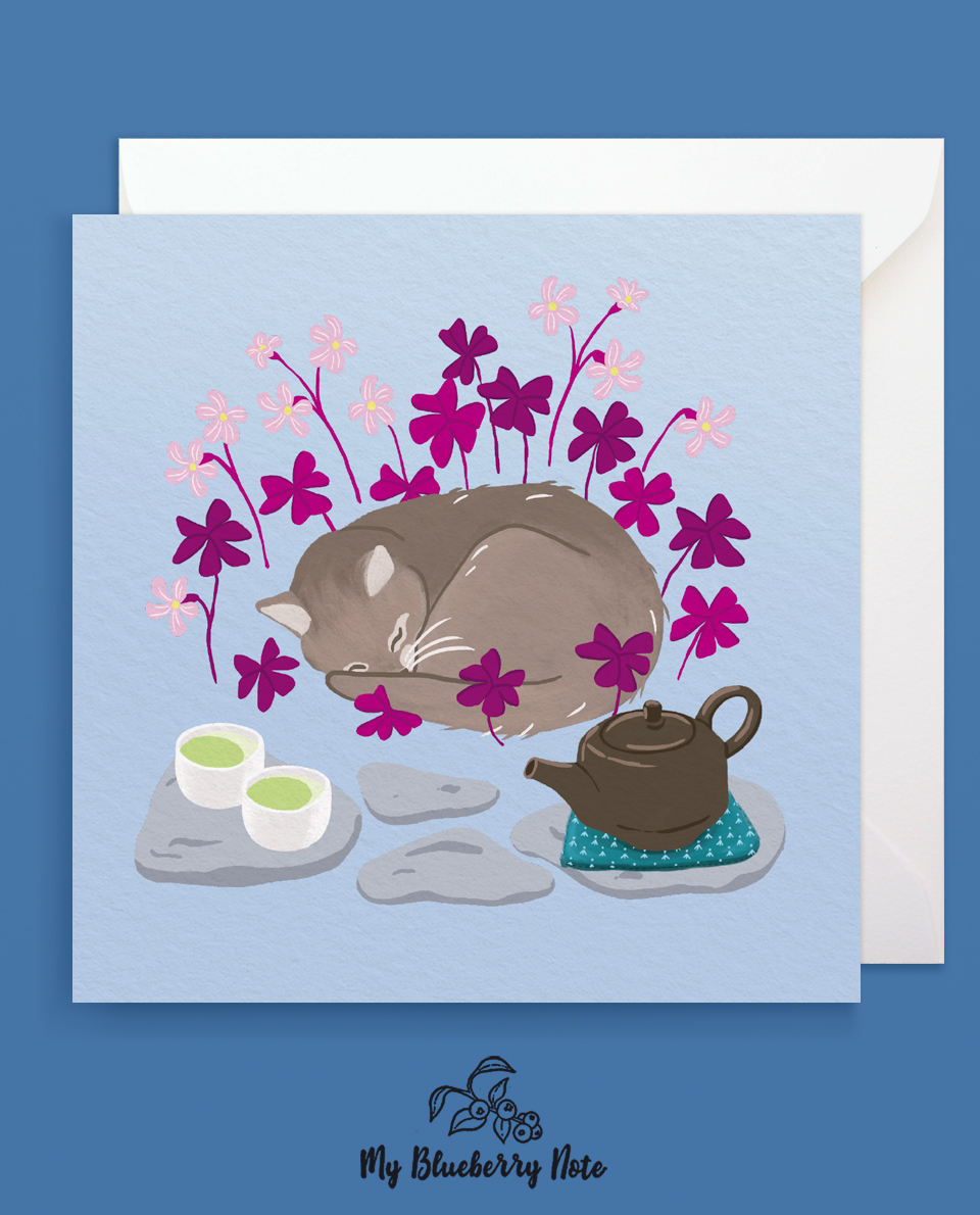 Cat and tea in the garden, greetings cards illustration