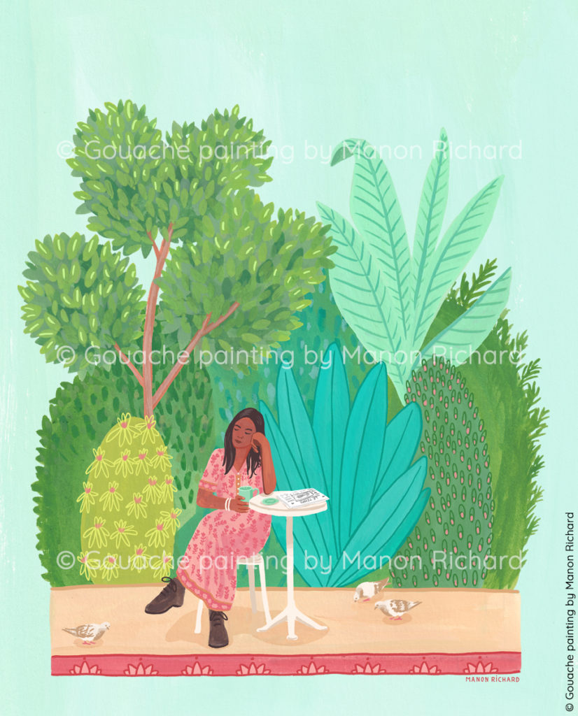 indian miniature painting by Manon Richard. Gouache painting. Garden, tea time, coffee, woman, cafe