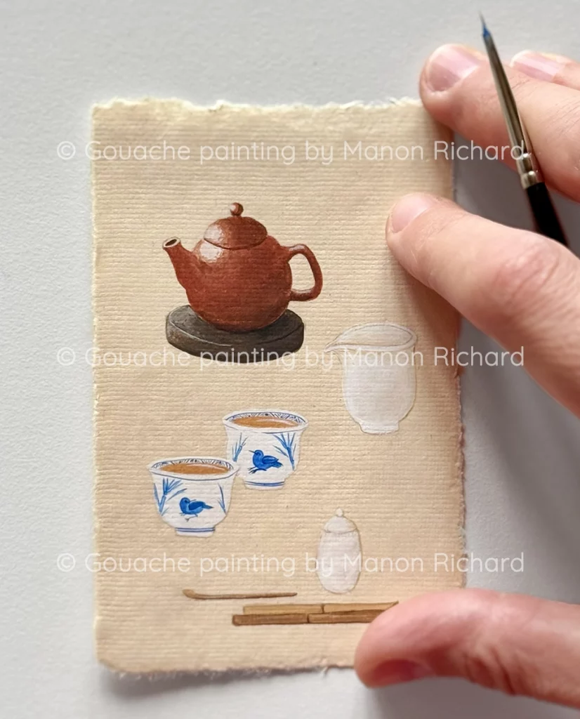 Tea illustration and gouache painting. Teapot, Cha Hai, Teacups