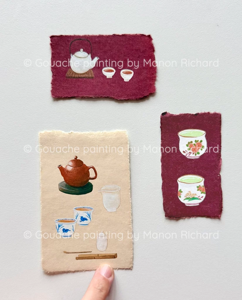 Tea illustration and gouache painting. Teapot, Cha Hai, Teacups