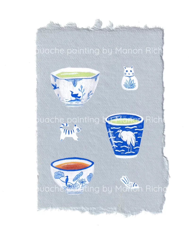 Peinture miniature tasses bleues et thé vert du Japon. Manon Richard, papier fait-main, Inde
