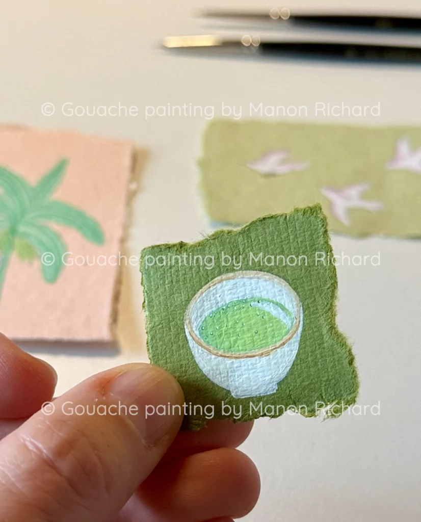 Thé vert, matcha, oiseaux et bananier. Peinture originale Manon Richard, 100% coton, gouache.