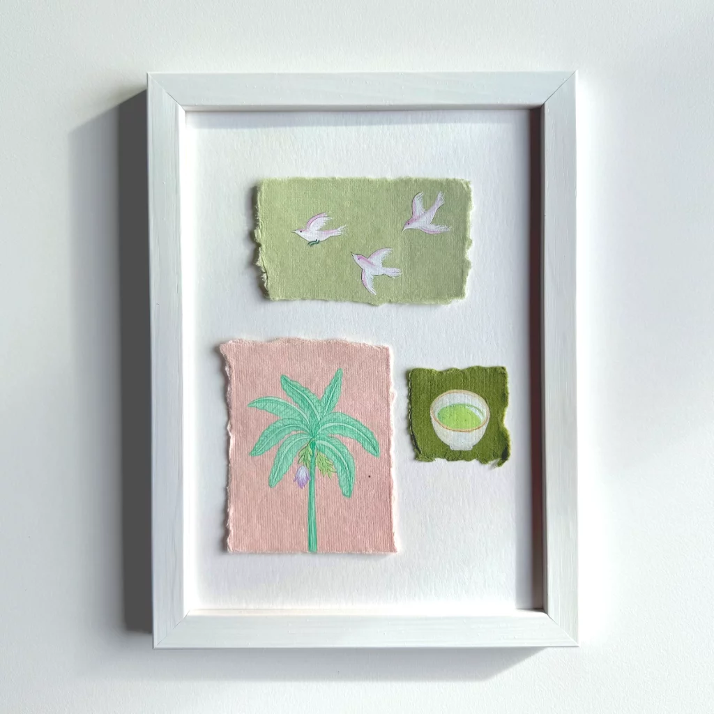 Thé vert, matcha, oiseaux et bananier. Peinture originale Manon Richard, 100% coton, gouache.