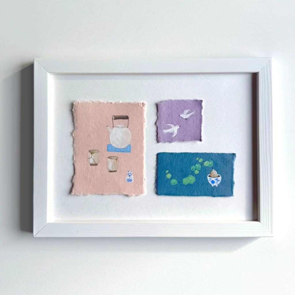 Thé et théière, oiseaux en vol et plante. Peinture originale Manon Richard, 100% coton, gouache.